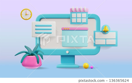 Workspace on computer screen vector 3D plastic style, online tools for multitasking, time management planning software Workspace on computer screen vector 3D plastic style, online tools for multitasking, time management planning software 136365624