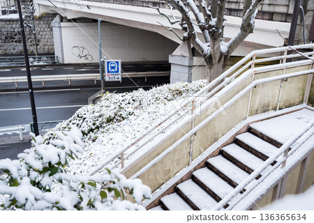 [Ota Ward] Magome Station A1 Exit in the early morning with snow piled up 136365634