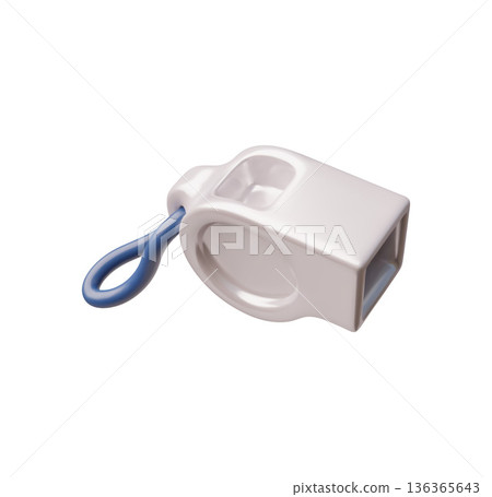 A white plastic 3D whistle with a blue loop, signaling equipment. 136365643