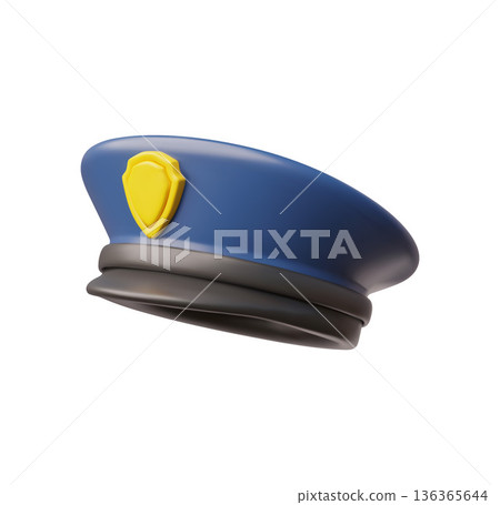 3D blue police cap with a visor and a gold shield badge. 136365644