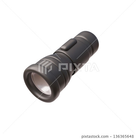 Portable flashlight with a black body, 3D icon. Lighting equipment. 136365648