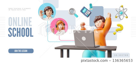 Online school 3D vector landing page, schoolboy with laptop studying lesson with teachers, distance learning education Online school 3D vector landing page, schoolboy with laptop studying lesson with teachers, distance learning education 136365653