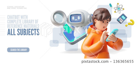 3D banner of a chatbot and a boy with a smartphone. AI in education. 136365655