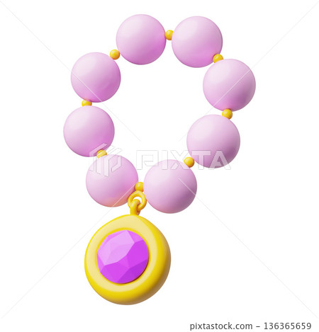 Pearl necklace or bracelet with gemstone or diamond, pink bead necklace, 3D vector kids fashion beauty accessory Pearl necklace or bracelet with gemstone or diamond, pink bead necklace, 3D vector kids fashion beauty accessory 136365659