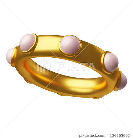 Golden ring with pearls 3D vector illustration, engagement jewelry with round white gemstones, fashion accessory 136365662