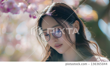 一幅展現新生/賞櫻景象的畫面：一位戴著眼鏡的日本女子在櫻花樹下操作智慧型手機。 136365844