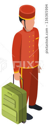 Porter character. Isometric man in professional red uniform Porter character. Isometric man in professional red uniform 136365994