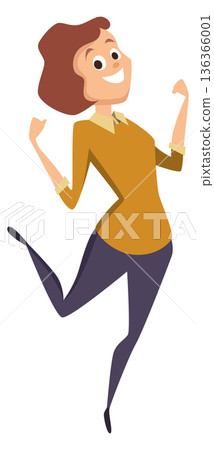 Happy woman jump. Cheerful female cartoon character Happy woman jump. Cheerful female cartoon character 136366001