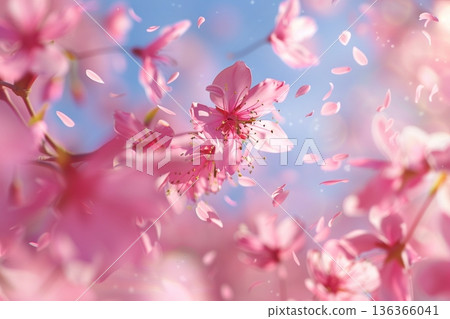 櫻花花瓣和粉紅色花朵在藍天下翩翩起舞的背景素材。畫面展現了慶祝春天新生、入學和畢業的場景。 136366041