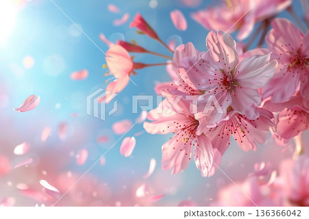 櫻花花瓣和粉紅色花朵在藍天下翩翩起舞的背景素材。畫面展現了慶祝春天新生、入學和畢業的場景。 136366042