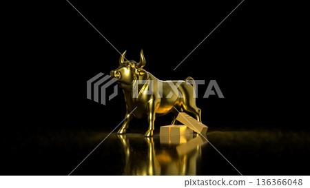 Golden Bull Market Symbol With Gold Bars On Black Background 3d render. Golden Bull Market Symbol With Gold Bars On Black Background 3d render. 136366048