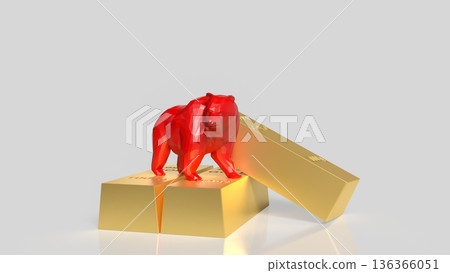 Red Bear Market Symbol Standing On Gold Bars Investment Concept 3d render. 136366051