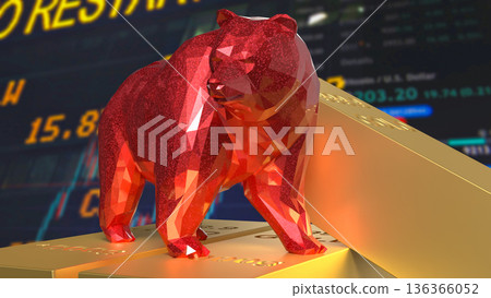 Red Bear Market Symbol On Gold Bars With Falling Stock Chart 3d render. 136366052