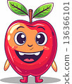 Cute Cartoon Apple Character. Funny Kawaii Red Fruit with Happy Face and Green Leaves 136366101