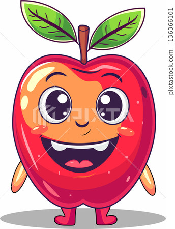 Cute Cartoon Apple Character. Funny Kawaii Red Fruit with Happy Face and Green Leaves 136366101