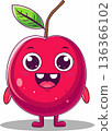 Cute Cartoon Cherry Character. Funny Kawaii Red Berry Fruit with Happy Face and Green Leaf. 136366102