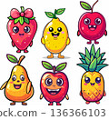 Cute Cartoon Fruit Characters Vector Set. Funny Kawaii Cherry, Strawberry, Pineapple, Pear, Apple and Lemon Collection 136366103