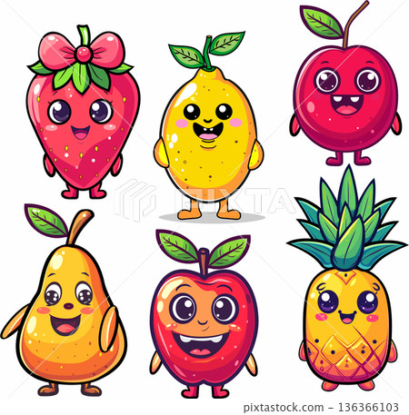 Cute Cartoon Fruit Characters Vector Set. Funny Kawaii Cherry, Strawberry, Pineapple, Pear, Apple and Lemon Collection 136366103