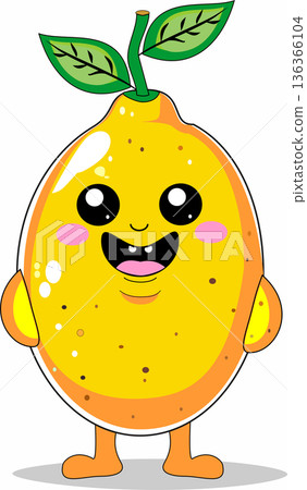 Cute Cartoon Lemon Character. Funny Kawaii Yellow Citrus Fruit with Happy Face and Green Leaf 136366104