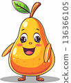 Cute Cartoon Pear Character. Funny Kawaii Yellow Fruit with Happy Face, Arms and Green Leaf 136366105