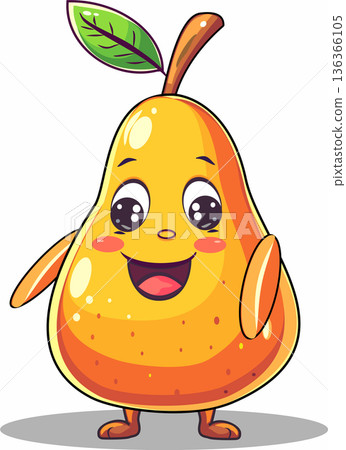 Cute Cartoon Pear Character. Funny Kawaii Yellow Fruit with Happy Face, Arms and Green Leaf 136366105