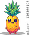 Cute Cartoon Pineapple Character. Funny Kawaii Tropical Fruit with Happy Face and Green Leaves 136366106