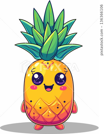 Cute Cartoon Pineapple Character. Funny Kawaii Tropical Fruit with Happy Face and Green Leaves 136366106