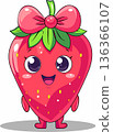 Cute Cartoon Strawberry Character. Funny Kawaii Red Berry Fruit with Pink Bow, Happy Face and Green Leaves 136366107