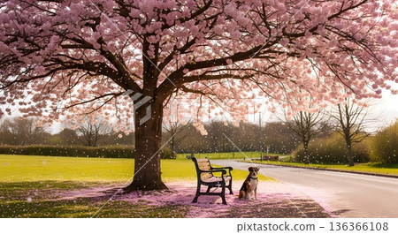 一隻狗坐在櫻花樹下，櫻花花瓣飄落。 136366108