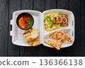 Takeout solyanka soup with mashed potatoes, chicken and cheese toast 136366138