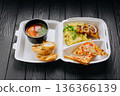 Takeout solyanka soup with mashed potatoes, chicken and cheese toast 136366139