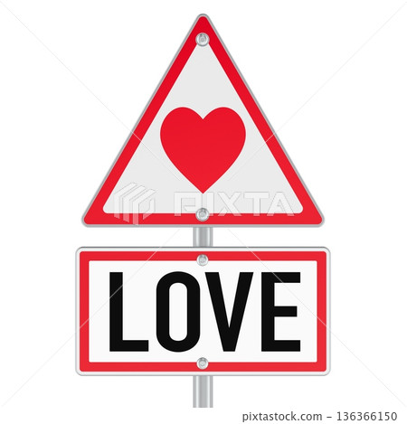 Love ahead warning sign, concept. Road sign with heart and love text. 3D rendering Love ahead warning sign, concept. Road sign with heart and love text. 3D rendering 136366150