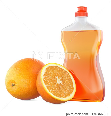 Orange dishwashing liquid bottle with fresh orange fruit. 3D rendering Orange dishwashing liquid bottle with fresh orange fruit. 3D rendering 136366153