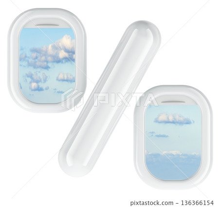Percent symbol from airplane window. Travel discounts concept. 3D rendering Percent symbol from airplane window. Travel discounts concept. 3D rendering 136366154
