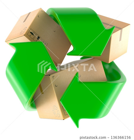 Recycling symbol with cardboard shipping boxes. 3D rendering Recycling symbol with cardboard shipping boxes. 3D rendering 136366156