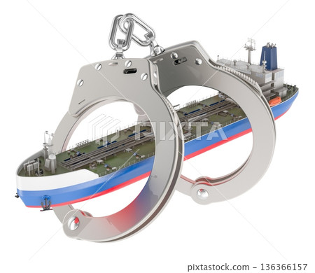 Russian oil tanker in handcuffs, shadow fleet sanctions concept. 3D rendering Russian oil tanker in handcuffs, shadow fleet sanctions concept. 3D rendering 136366157
