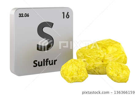 Sulfur chemical element with yellow sulfur rocks, 3D rendering Sulfur chemical element with yellow sulfur rocks, 3D rendering 136366159