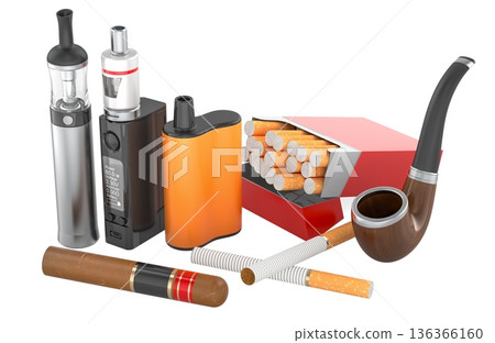 Tobacco and vaping products including cigarettes pack, cigar, tobacco pipe and vaping devices, 3D rendering 136366160