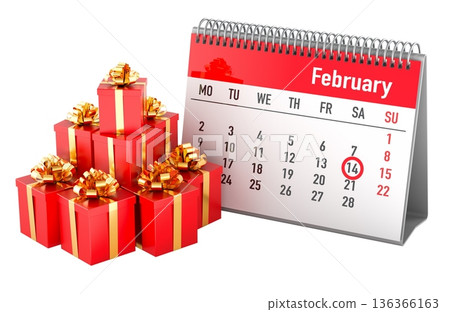 Valentines Day concept. February desk calendar with gifts, valentines day date marked. 3D rendering Valentines Day concept. February desk calendar with gifts, valentines day date marked. 3D rendering 136366163