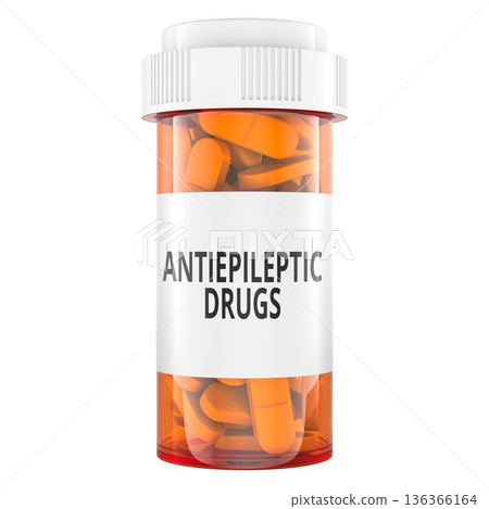 Antiepileptic drugs pill bottle, orange prescription container. 3D rendering 136366164
