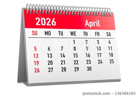 April 2026 desk calendar starting Sunday. 3D rendering April 2026 desk calendar starting Sunday. 3D rendering 136366165