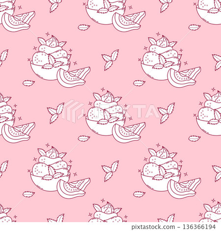 Outline Seamless Pattern with Guava Creamy sweet dessert ice cream with tropical Fruit slices and Mint leaves on Pink Background. Summer Exotic food. Line hand drawing. Vector illustration Outline Seamless Pattern with Guava Creamy sweet dessert ice cream with tropical Fruit slices and Mint leaves on Pink Background. Summer Exotic food. Line hand drawing. Vector illustration 136366194