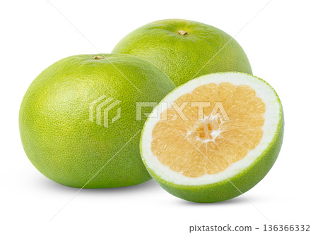 Two sweetie grapefruit or oroblanco, pomelo, pomelit fruits and a half of sweetie grapefruit. 136366332