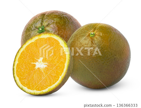 Two chocolate navel orange fruits and half of chocolate orange isolated. 136366333