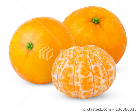 Peeled clementine or mandarin fruit and peeled tangerine isolated, cutout. Peeled clementine or mandarin fruit and peeled tangerine isolated, cutout. 136366335