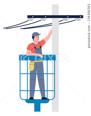 Electric pole maintenance. Repairman wiring power cable Electric pole maintenance. Repairman wiring power cable 136366363
