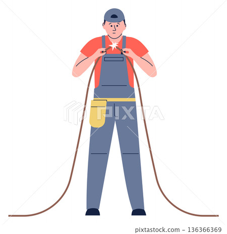 Handyman connect electric wires. Power cable repair 136366369