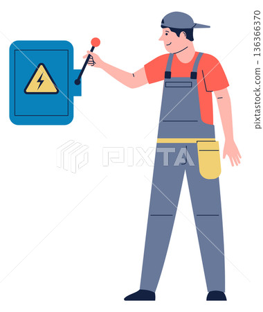 Electrician turn power switch. Power control concept Electrician turn power switch. Power control concept 136366370