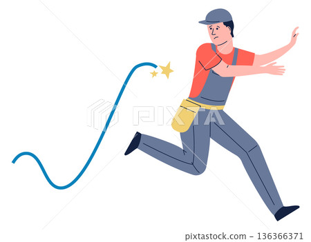 Electric cable danger. Electrician run from sparkling power wire Electric cable danger. Electrician run from sparkling power wire 136366371