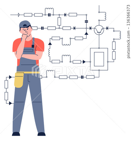 Engineer think about electric scheme. Powel line construction 136366373